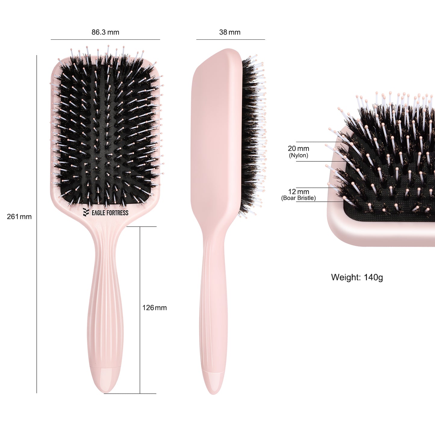 Boar Bristle Paddle Brush pink