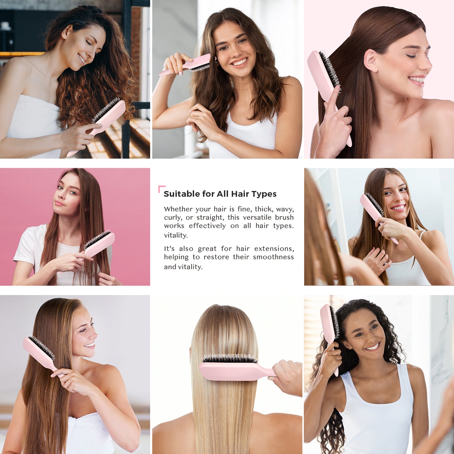 Boar Bristle Paddle Brush pink