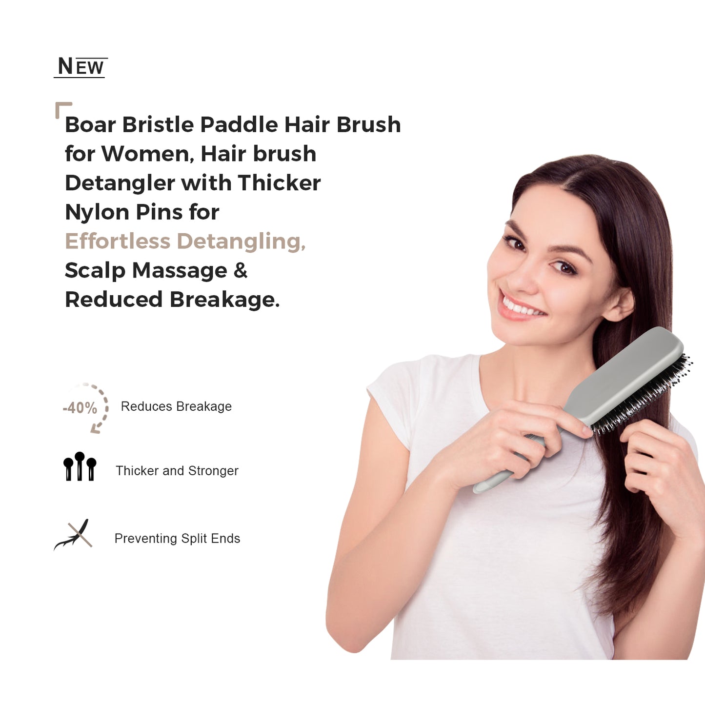 Boar Bristle Paddle Brush Grey