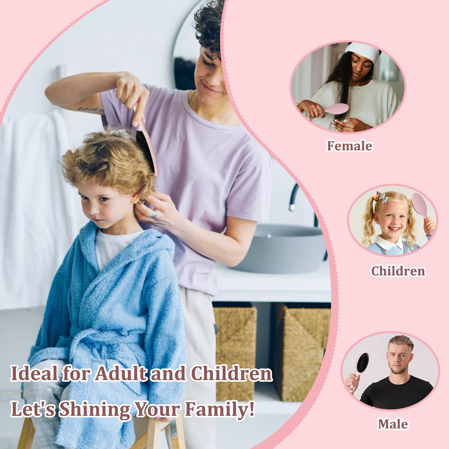 Boar bristle comb pink